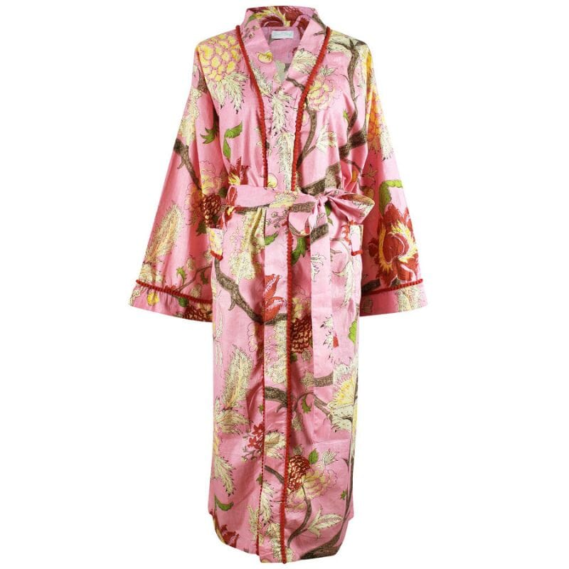 Powell Craftin Pink, Cream & Burnt Orange Large Botanical Print -kimono-aamutakki valkoisella taustalla.