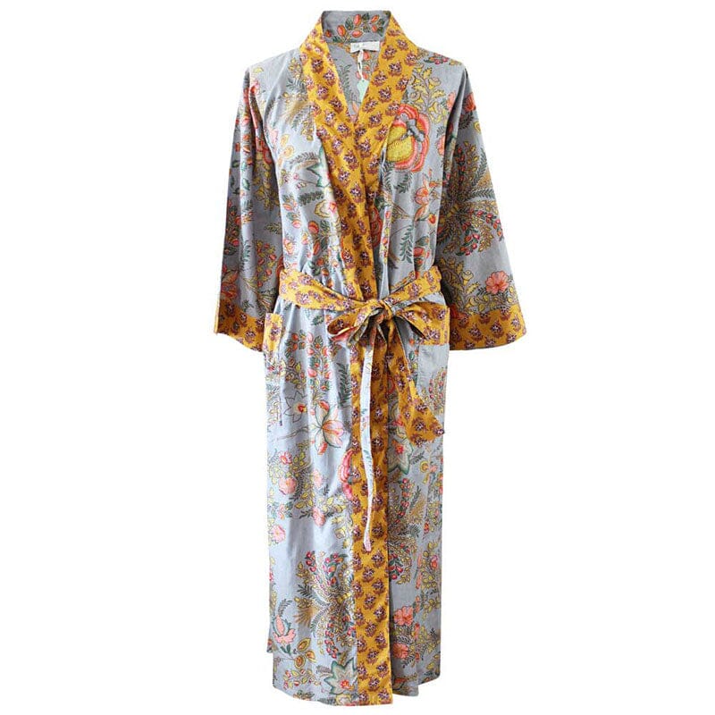 Grey coral & mustard floral naisten kimono aamutakki Puuvillavaatteet Powell Craft 