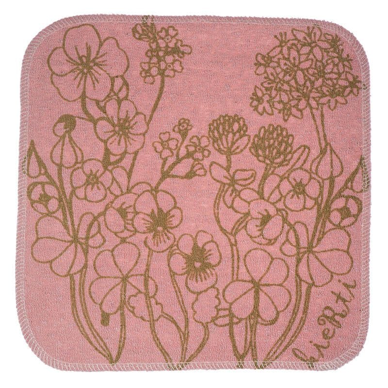 Kierti Hamppuinen tiskirätti Keto, sävyssä vanha roosa, jossa roosalla pohjalla vihertävänruskeita kedon kukkasia.