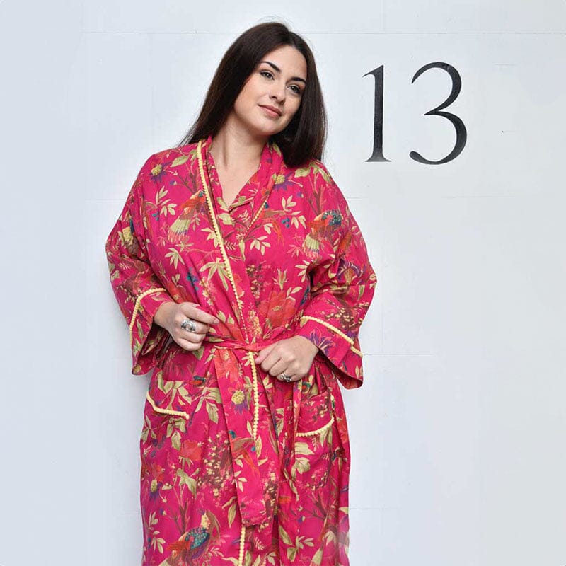 Hot Pink Bird naisten kimono aamutakki Puuvillavaatteet Powell Craft 