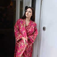 Hot Pink Bird naisten kimono aamutakki Puuvillavaatteet Powell Craft 