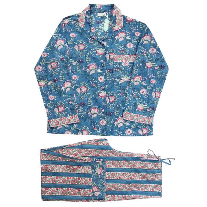 Inky Blue Floral & Stripe 100% Puuvilla Pyjama Powell Craft 