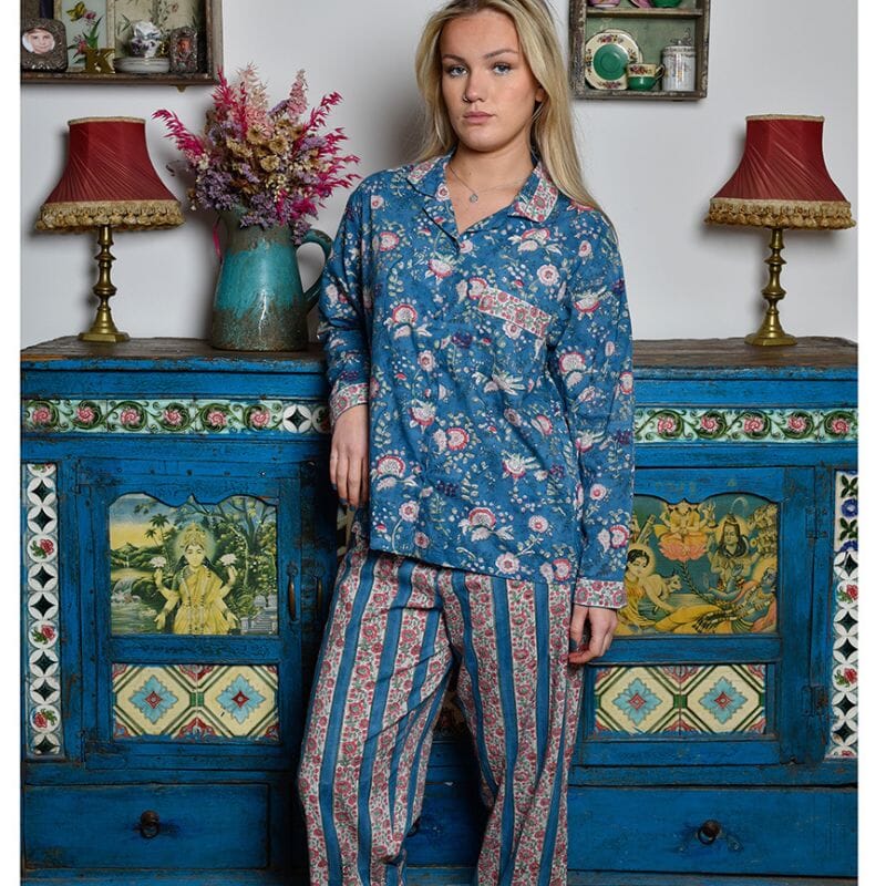 Inky Blue Floral & Stripe 100% Puuvilla Pyjama Powell Craft 