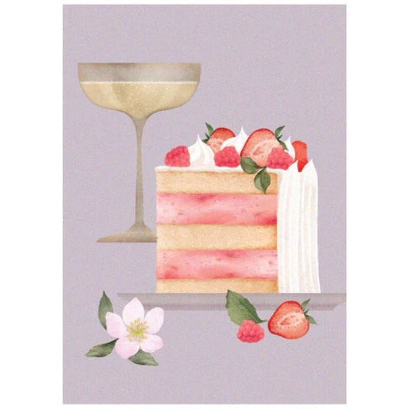Annariikka Qvistin Kakkua ja kuplivaa -postikortissa ihastuttavat herkullisen näköinen kermakakun pala ja coupe-shampanjalasi herkän lilalla taustalla.