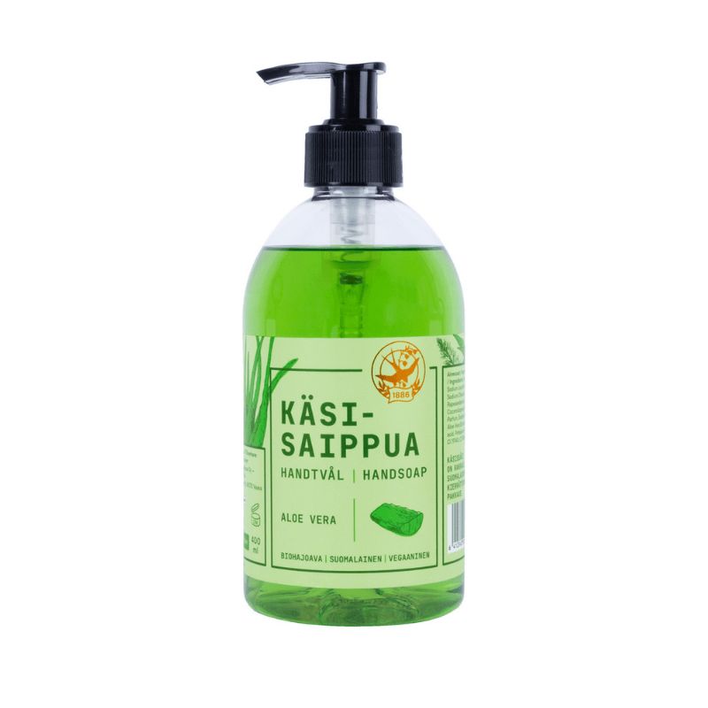 Vaasan aito saippuan kirkkaanvihreä nestemäinen aloe vera -käsisaippua 400ml kirkkaassa pumppupullossa, jossa vaaleanvihreä etiketti. 