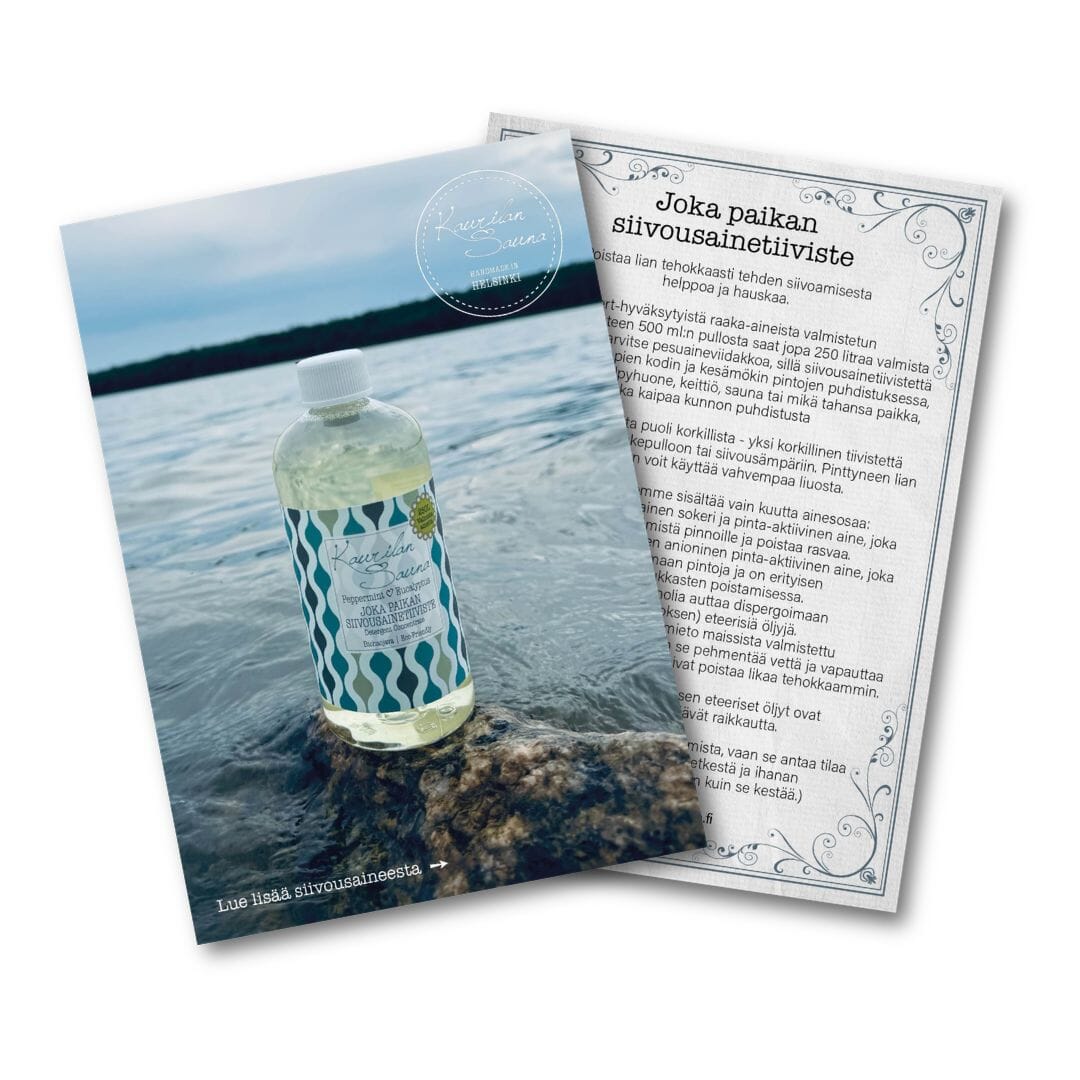 Kaurilan Saunan Tuotekortit Suomeksi - 6 kpl - markkinointimateriaali Mainosmateriaalit Kaurilan Sauna Siivousainetiiviste 