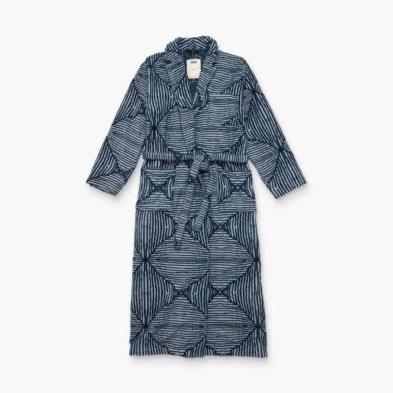 Tummansininen 'Longo' -aamu-/kylpytakki paksua jacquard-kudottua froteeveluuria brändiltä OAS, koossa S/M.