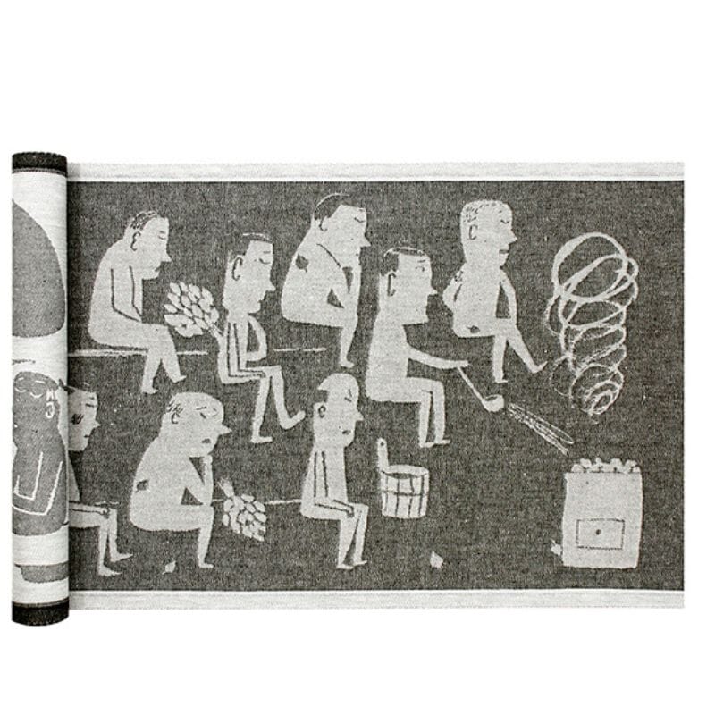 Lapuan kankurit Miesten Sauna -laudeliina koossa 46 x 150 cm, jossa tummanharmaalla pohjalla vaaleamman harmaita mieshahmoja saunomassa.