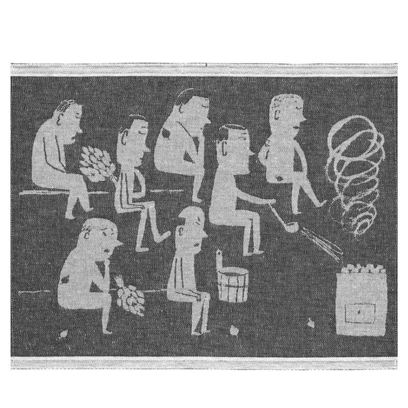 Lapuan kankureiden Miesten Sauna -laudeliina koossa 46 x 60 cm, jossa tummanharmaalla pohjalla vaaleamman harmaalla 7 mieshahmoa saunomassa.