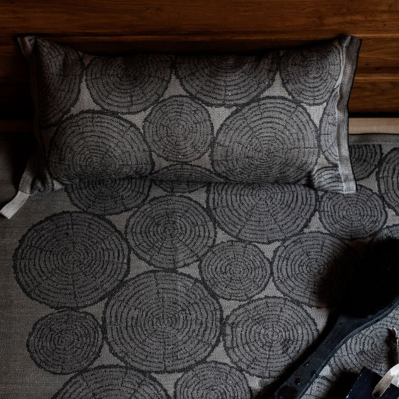 Lapuan Kankureiden Motti-saunatyyny ja -laudeliina saunan hämyssä.