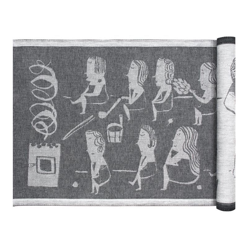 Lapuan kankureiden Naisten Sauna -laudeliina koossa 46 x 150 cm, jossa tummanharmaalla pohjalla vaaleamman harmaita naishahmoja saunomassa.