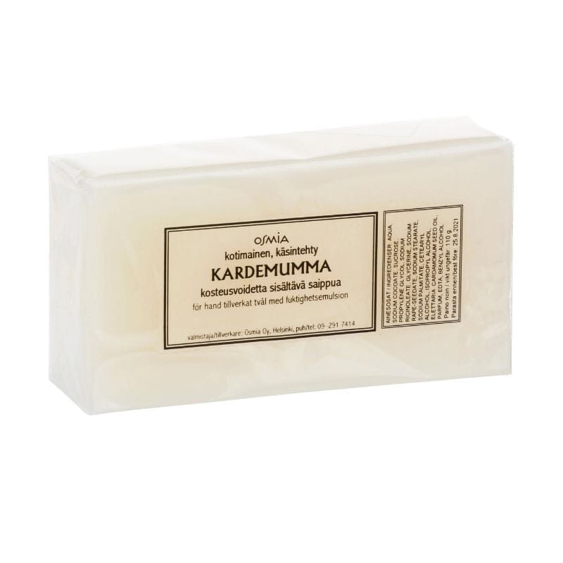 Osmian valkoinen Kardemumma-palasaippua yksinkertaisessa läpinäkyvässä muovipakkauksessa.