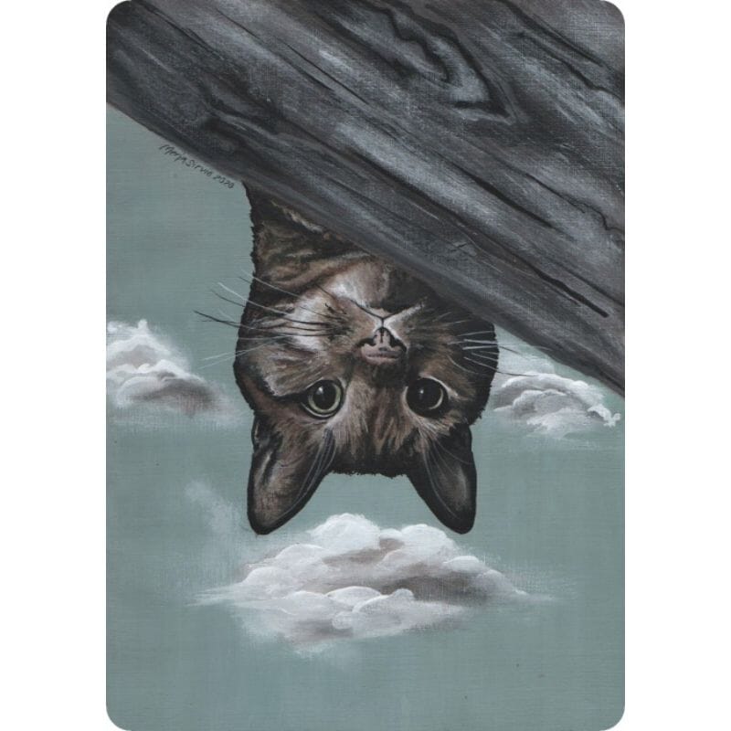 Merja Sirviö Artin Peekaboo-kortissa ruskea-harmaaraitainen kissa kuikistaa harmaan hirren päältä alhaalla olevaa katsojaa. Taustalla murretun turkoosilla taivaalla valkeita pumpulipilviä. 