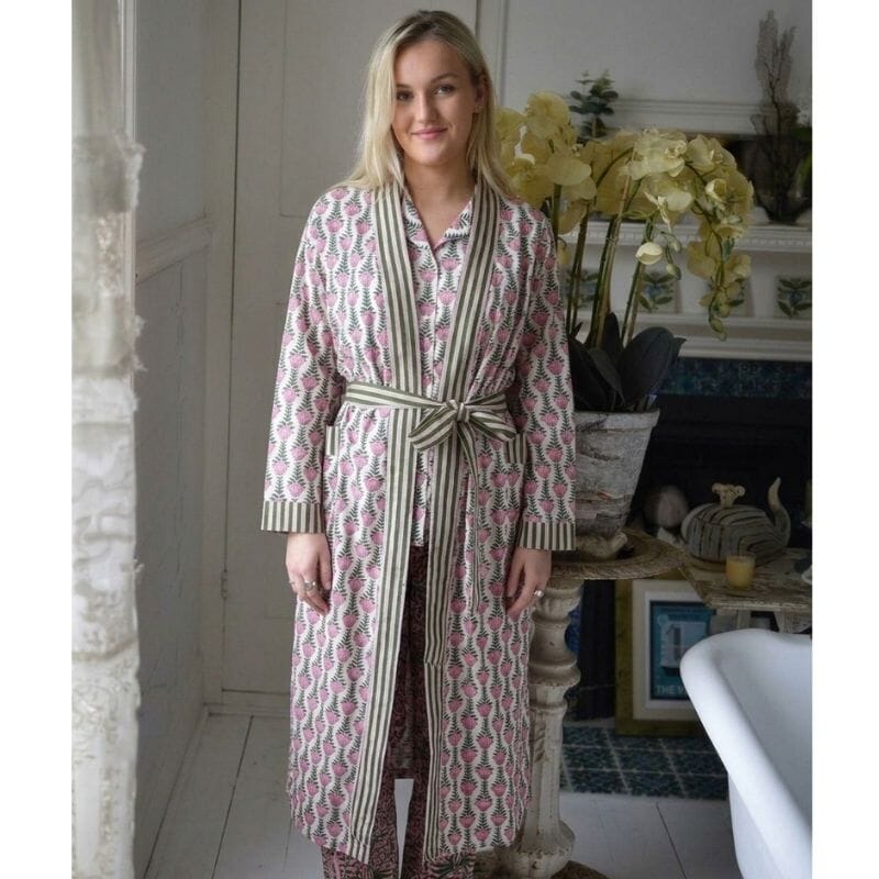 Pink &amp; Green Damask Style Floral Print kimono aamutakki Puuvillavaatteet Powell Craft 