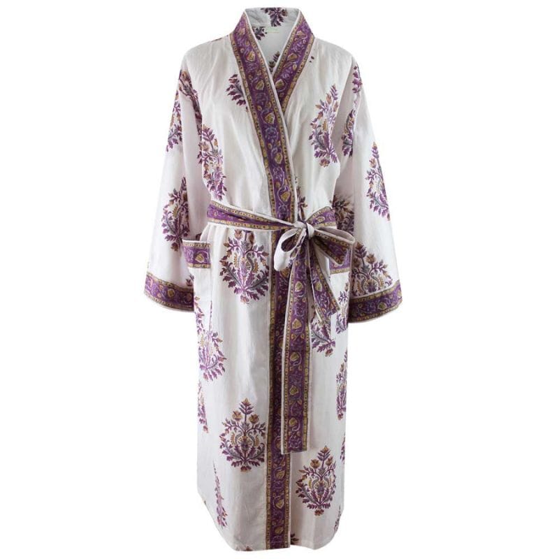Purple Large Floral Block Print naisten kimonoaamutakki brändiltä Powell Craft, valkoista taustaa vasten.