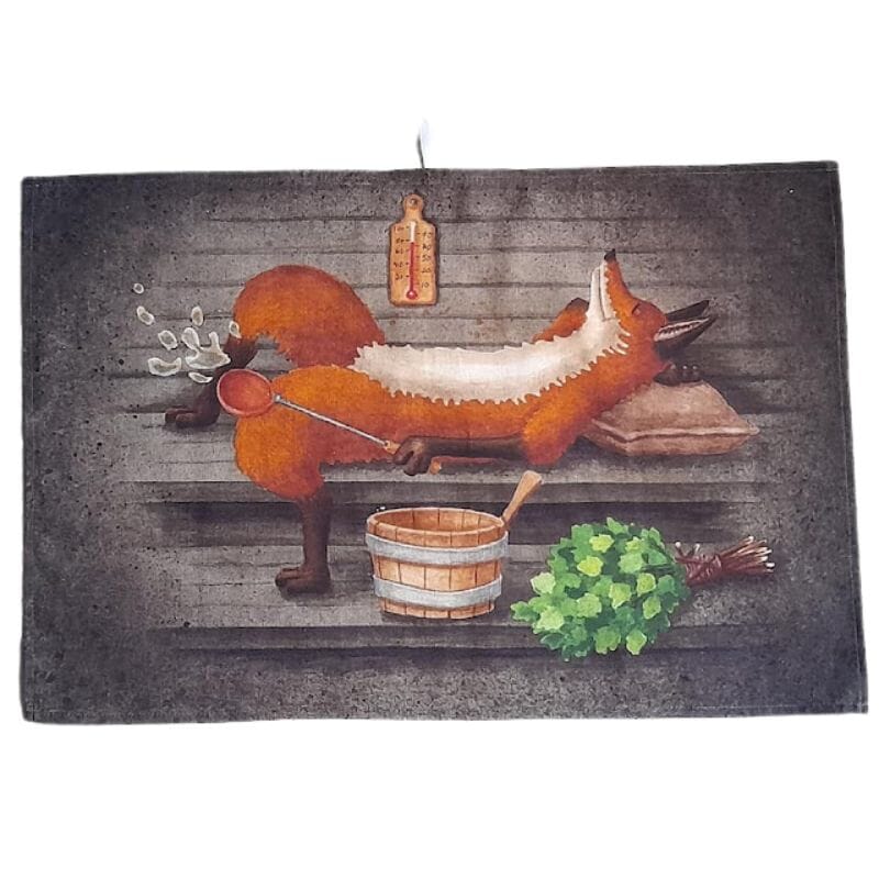 Katja Saarion Saunakettu-laudeliinassa pörheä kettu pötköttelee saunan lauteilla ja heittää puisesta kiulusta löylyä.