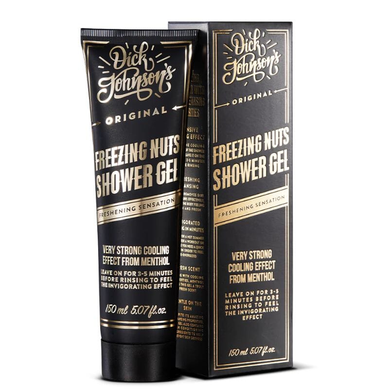 Dick Johnson's Freezing Nuts - suihkugeeli pahvipakkaus ja 150 ml musta tuubi, joissa kultaista tekstiä. 