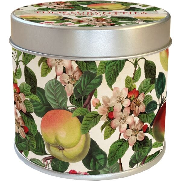 Sköna Ting, Omena -Tuoksukynttilä kauniissa peltisessä kartion mallisessa purkissa. Purkkia koristaa botaaninen, vintage-henkinen omenapuun oksien kuosi.
