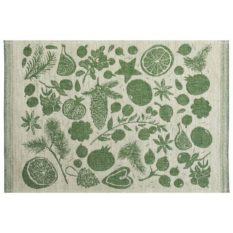 Lapuan Kankurit Talven Tuoksut -tabletti 46 x 32cm, jossa vaaleanvihreällä pohjalla tummemman vihreällä  kudottuna mm. havujen, hedelmien ja piparkakkujen mallisia kuvioita.