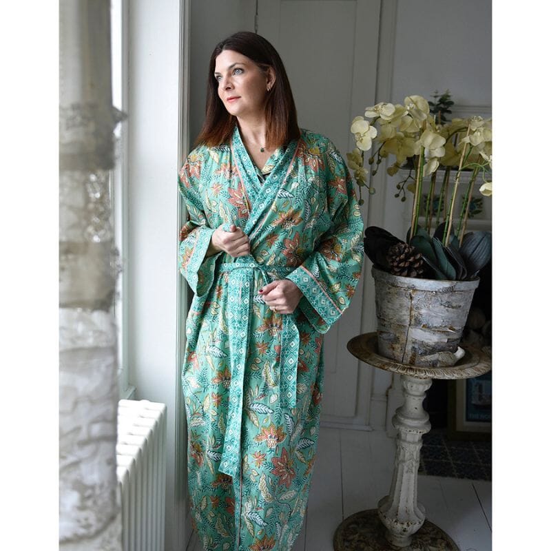 TARKISTA HINTA Turquoise, Pink & Olive Block Floral Print kimono aamutakki Puuvillavaatteet Powell Craft 