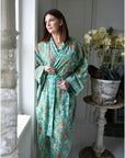TARKISTA HINTA Turquoise, Pink & Olive Block Floral Print kimono aamutakki Puuvillavaatteet Powell Craft 