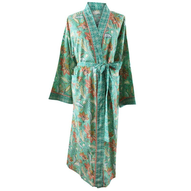 TARKISTA HINTA Turquoise, Pink & Olive Block Floral Print kimono aamutakki Puuvillavaatteet Powell Craft 
