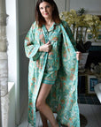 TARKISTA HINTA Turquoise, Pink & Olive Block Floral Print kimono aamutakki Puuvillavaatteet Powell Craft 