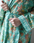 TARKISTA HINTA Turquoise, Pink & Olive Block Floral Print kimono aamutakki Puuvillavaatteet Powell Craft 