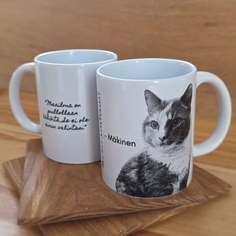 Tiluksilla Suuret Ajattelijat Mäkinen-muki, jota kaunistaa tuiman näköinen kissa-Mäkinen ja hänen ajatus: "Maailma on pullollaan ääliöitä, se ei ole sinun valintasi".