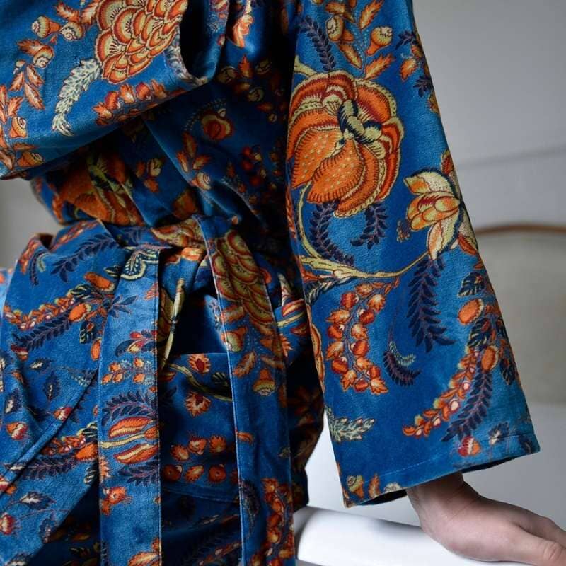 Velvet Blue & Yellow Floral Print Dressing Gown With Satin Lining Puuvillavaatteet Powell Craft 