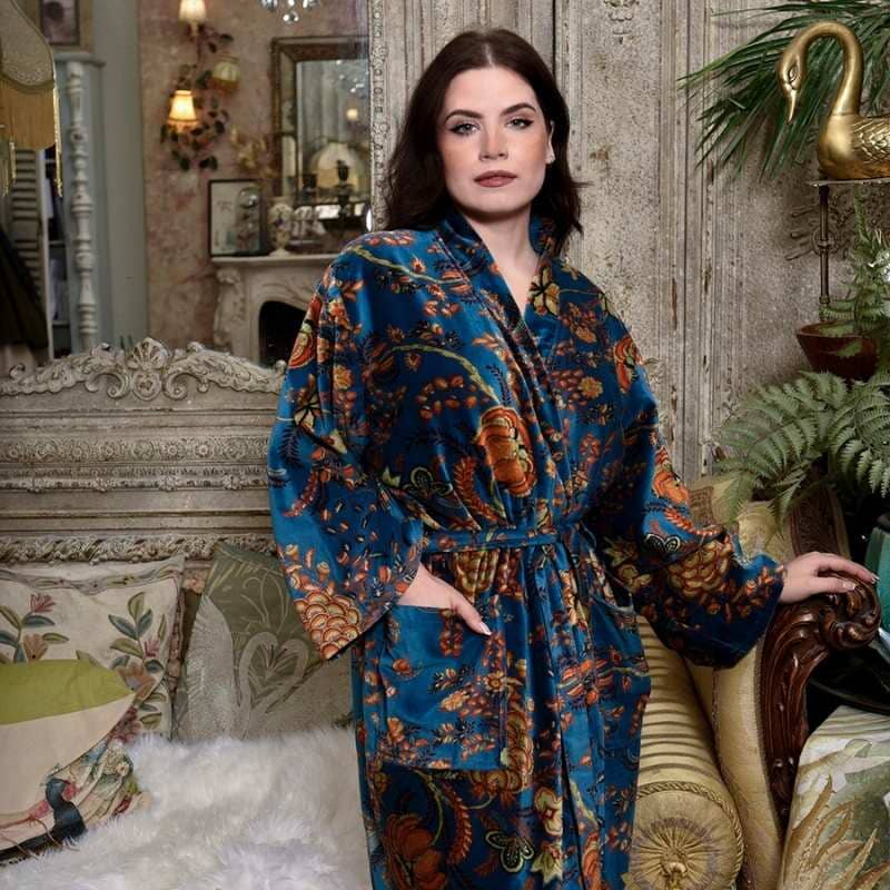 Velvet Blue & Yellow Floral Print Dressing Gown With Satin Lining Puuvillavaatteet Powell Craft 