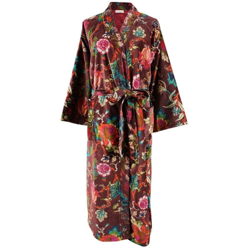 Powell Craft Velvet burgundy floral naisten puuvillainen kimono-aamutakki valkoisella taustalla.