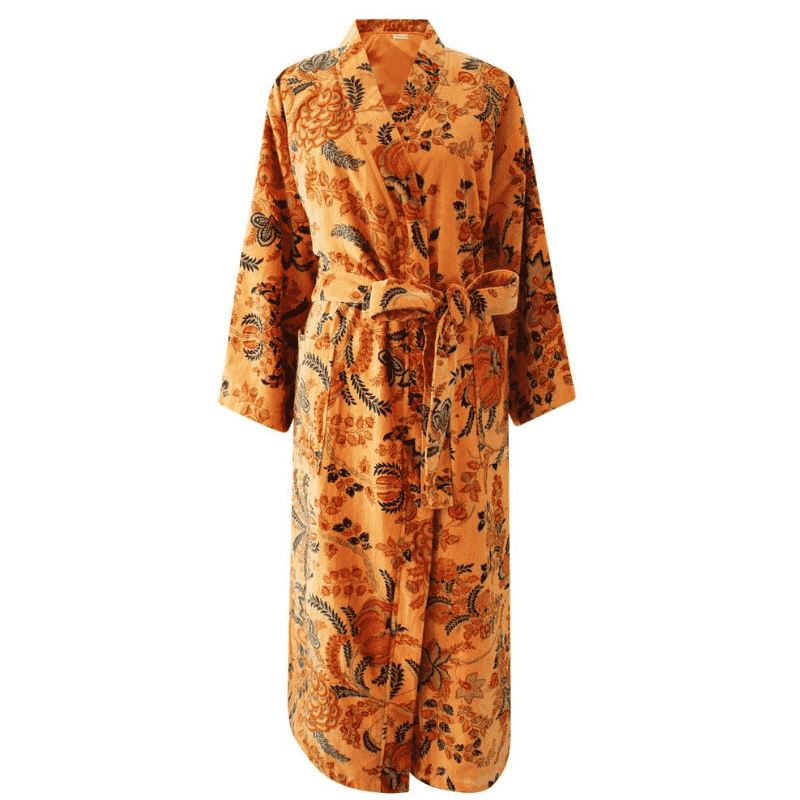 Velvet Orange, Blue &amp; Yellow Floral naisten kimono aamutakki Puuvillavaatteet Powell Craft 