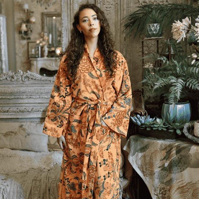 Velvet Orange, Blue &amp; Yellow Floral naisten kimono aamutakki Puuvillavaatteet Powell Craft 