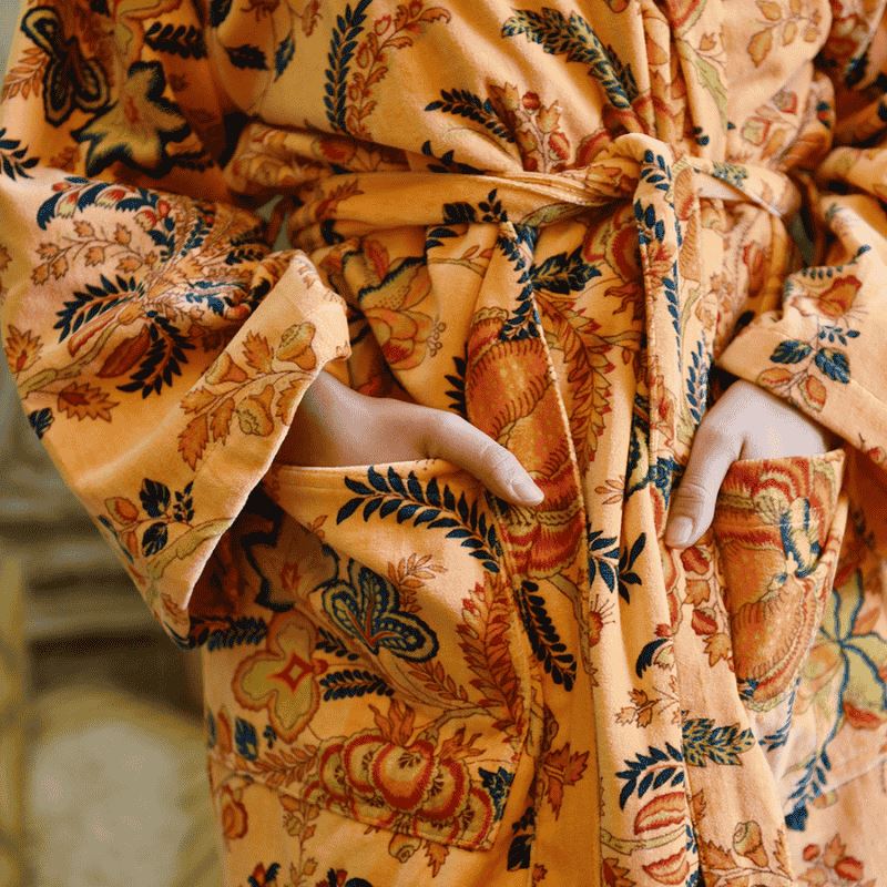 Velvet Orange, Blue &amp; Yellow Floral naisten kimono aamutakki Puuvillavaatteet Powell Craft 