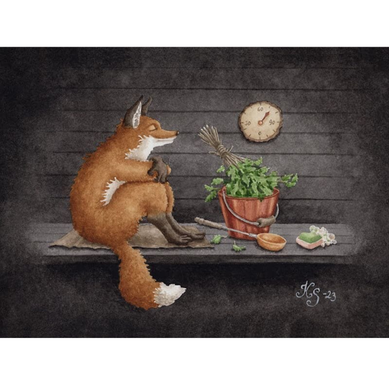 Katja Saarion Vihtakettu-laudeliinassa pörheä kettu nautiskelee saunan lämmöstä. Lauteilla on ketun lisäksi löylykauha, saippuapala ja kuparinen kiulu, jossa lepää saunavihta.