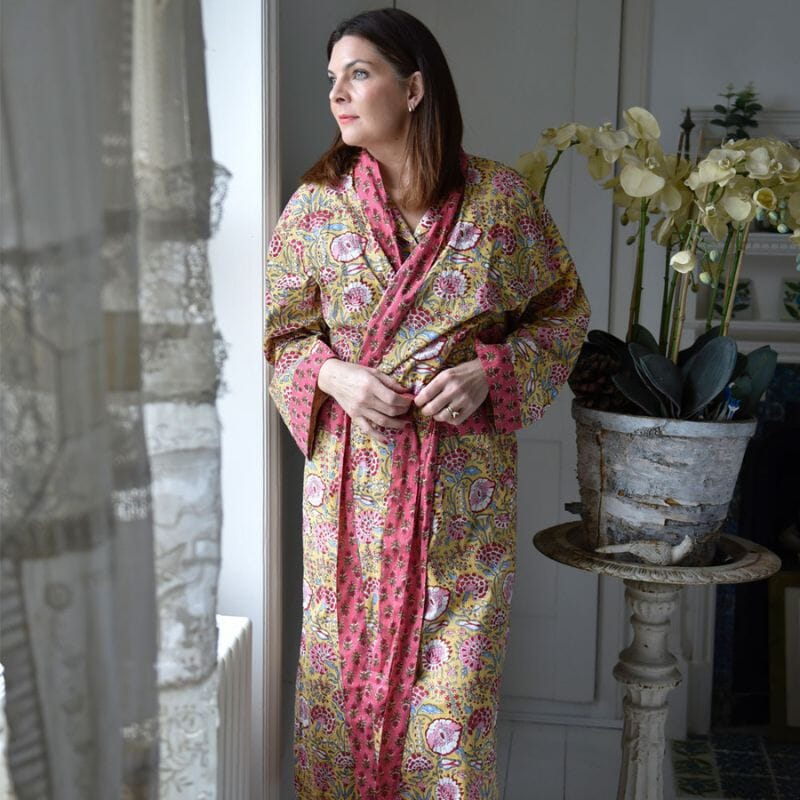 Yellow & Pink Carnation Print Dressing Gown Puuvillavaatteet Powell Craft 
