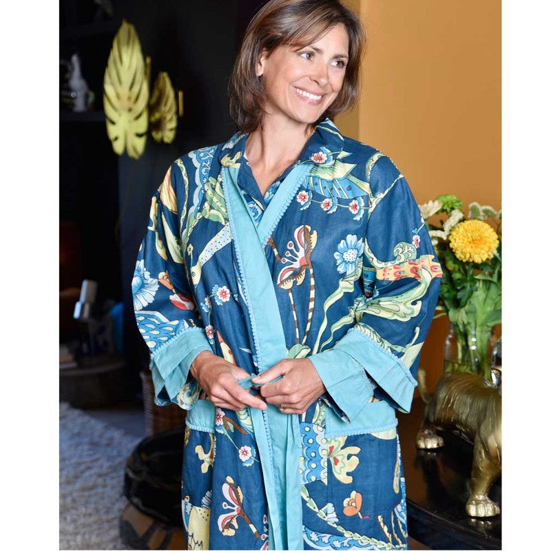 Blue Floral Exotic Bird naisten kimono aamutakki Puuvillavaatteet Powell Craft 