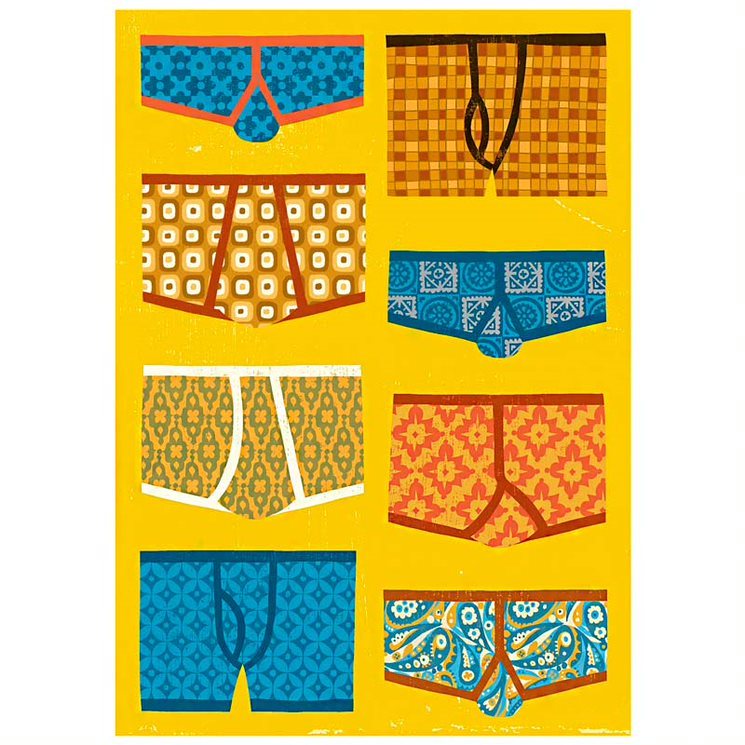 Kehvola Designin Kalsarit-postikortti, jossa piirrettyjä 70-lukuisia miesten kalsareita keltaisella taustalla.