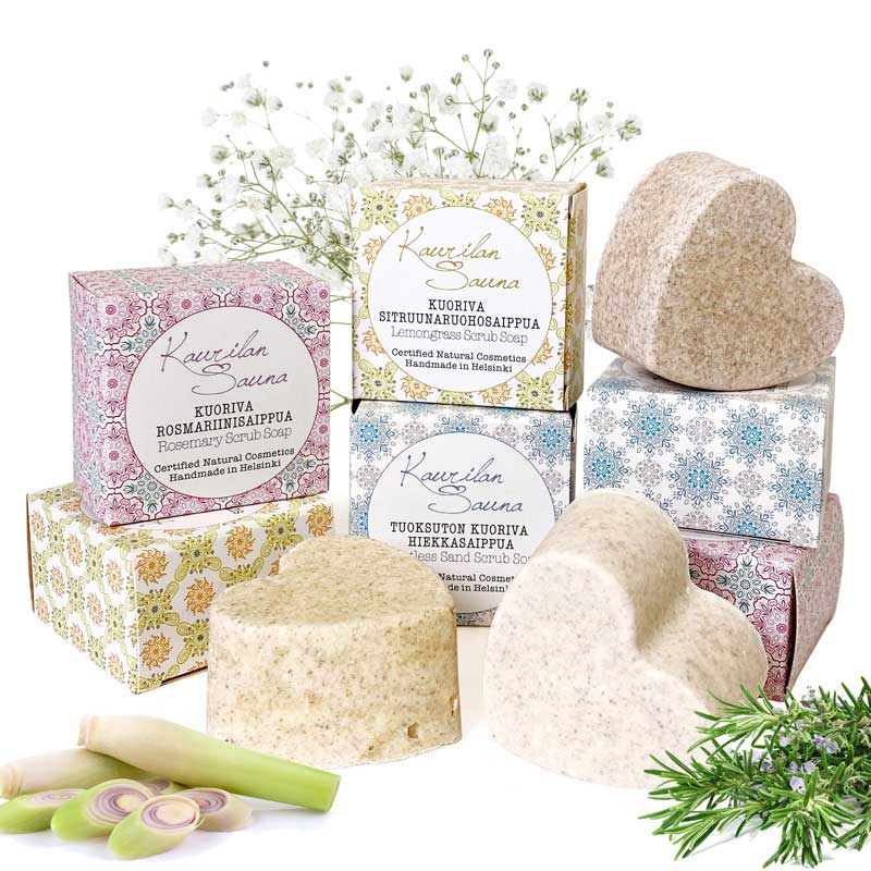 Kaurilan saunan kuorivia hiekkasaippuita ekologisissa pahvipakkauksissa.