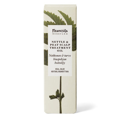 Frantsilan Nokkonen & turve -hiuspohjan hoitoöljy 30 ml pahvipakkauksessa, jossa vaalealla pohjalla maalattu nokkosen oksa.