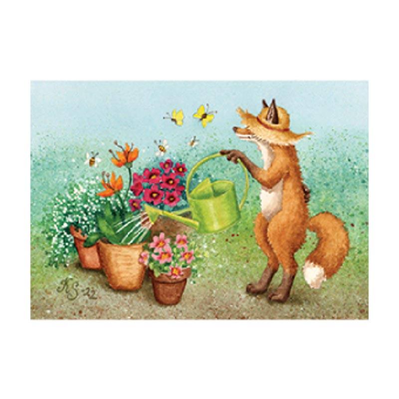 Postikortti - Kettu kastelee kukkia postikortti Katja Saario 