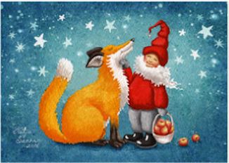 Postikortti - Tonttu rapsuttaa kettua Postikortit Katja Saario 