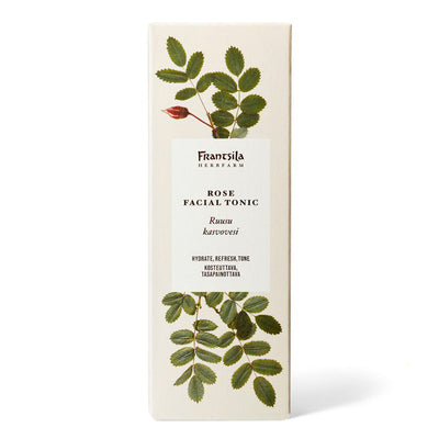Frantsilan Ruusu-kasvovesi 110ml, jonka pahvipakkauksessa vaalealla pohjalla maalaus villiruusun oksasta.