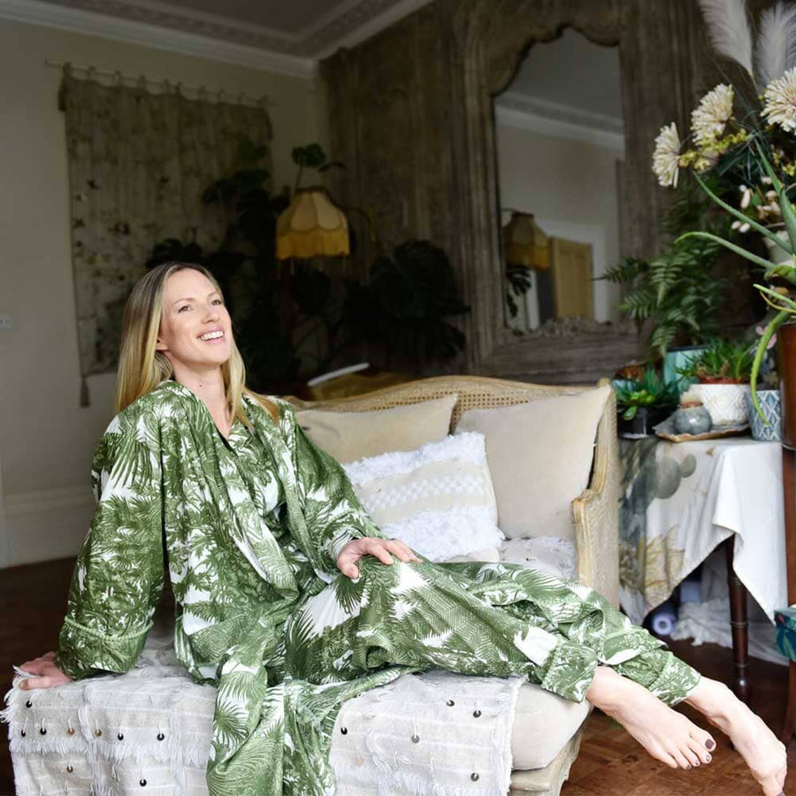 Tropical Green Fern naisten kimono aamutakki Puuvillavaatteet Powell Craft 