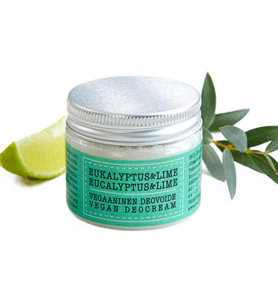 Kaurilan Saunan vegaaninen eukalyptukselta ja limeltä tuoksuva deovoide kierrekorkillisessa muovipurkissa, jossa on turkoosi etiketti.