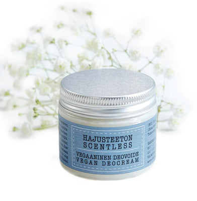 Kaurilan Saunan vegaaninen hajusteeton deovoide kierrekorkillisessa muovisessa purkissa, jossa on vaaleansininen etiketti.