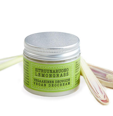 Kaurilan Saunan sitruunaruoholta tuoksuva deovoide kierrekorkillisessa muovipurkissa, jossa on vihreä etiketti.