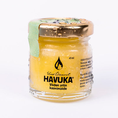 Havuka Viiden Yrtin Kasvovoide 40ml lasipurkissa, jossa on kierrekorkki.